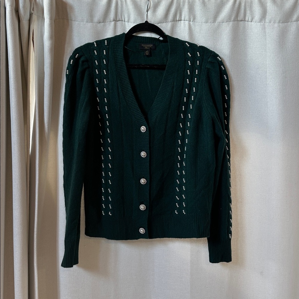 CHARTER CLUB 100% Cashmere Embellished Pearl Green Cardigan XL